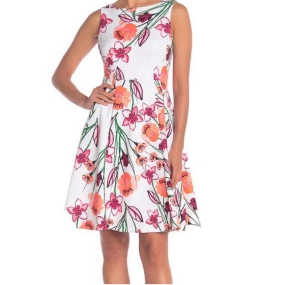 Calvin Klein White Midi Dress with Pink and Orange Floral Print